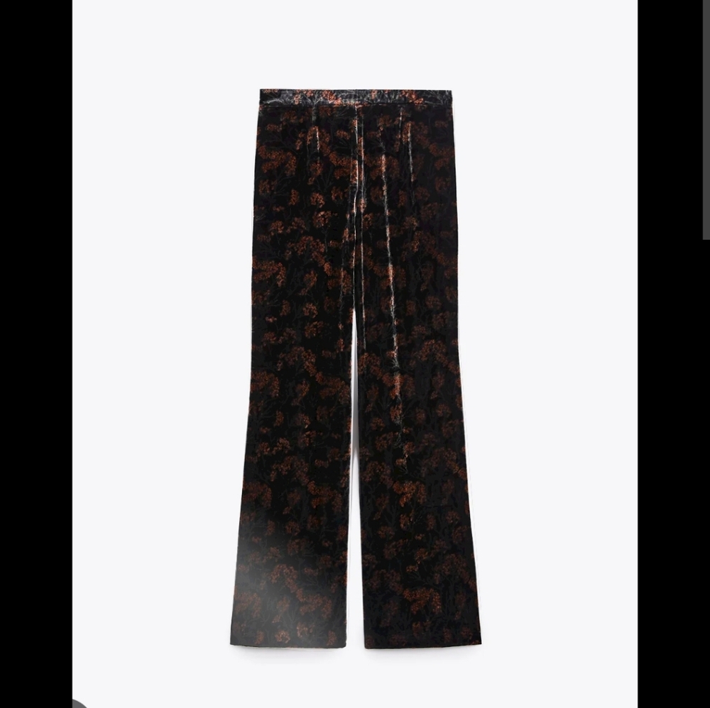 Zara velvet black with burgundy floral print flared full length pants